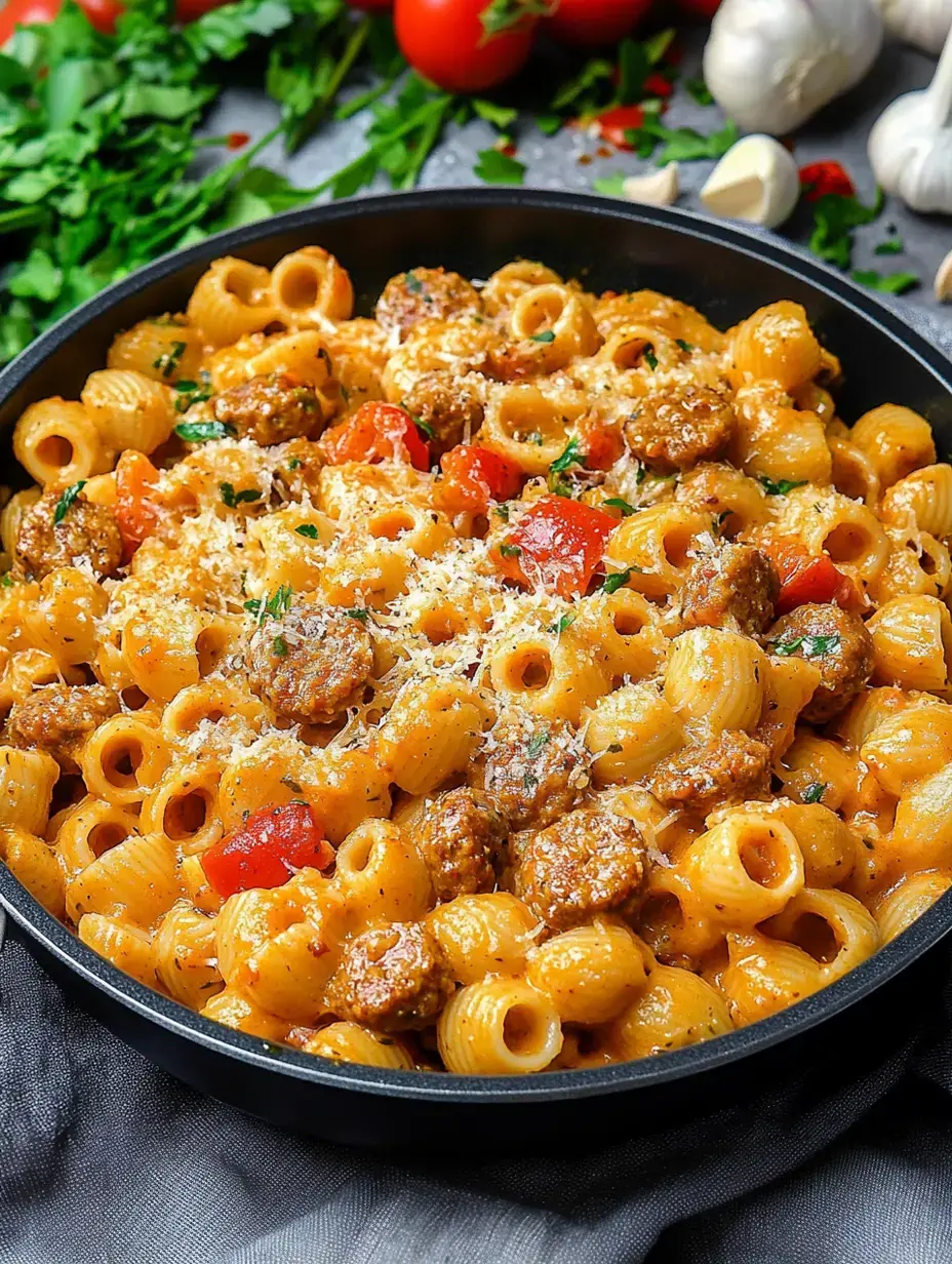 Nahaufnahme von einer Schüssel Pasta mit Wurst, Tomaten, Käse und frischen Kräutern, umgeben von Gemüse.