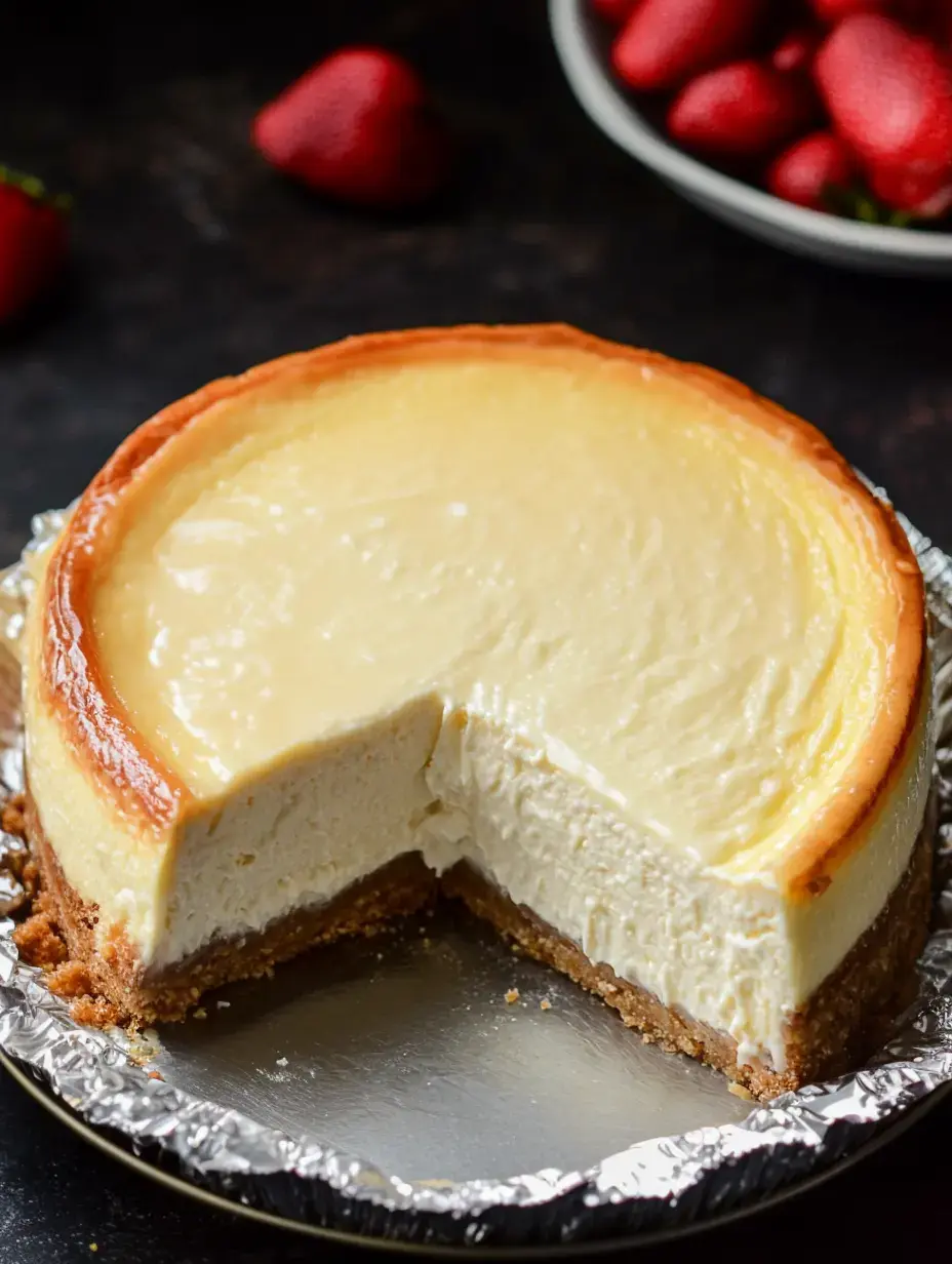 Cremiger Käsekuchen mit einem fehlenden Stück auf einer silbernen Platte, hinten frische Erdbeeren.
