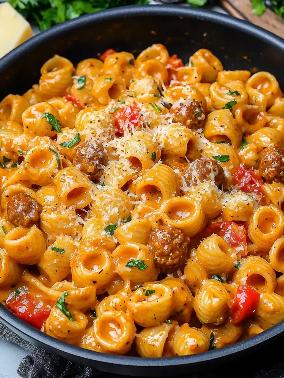 Nahaufnahme einer Schale Pasta mit Fleischbällchen, Paprika, Kräutern und geriebenem Käse in cremiger Soße.