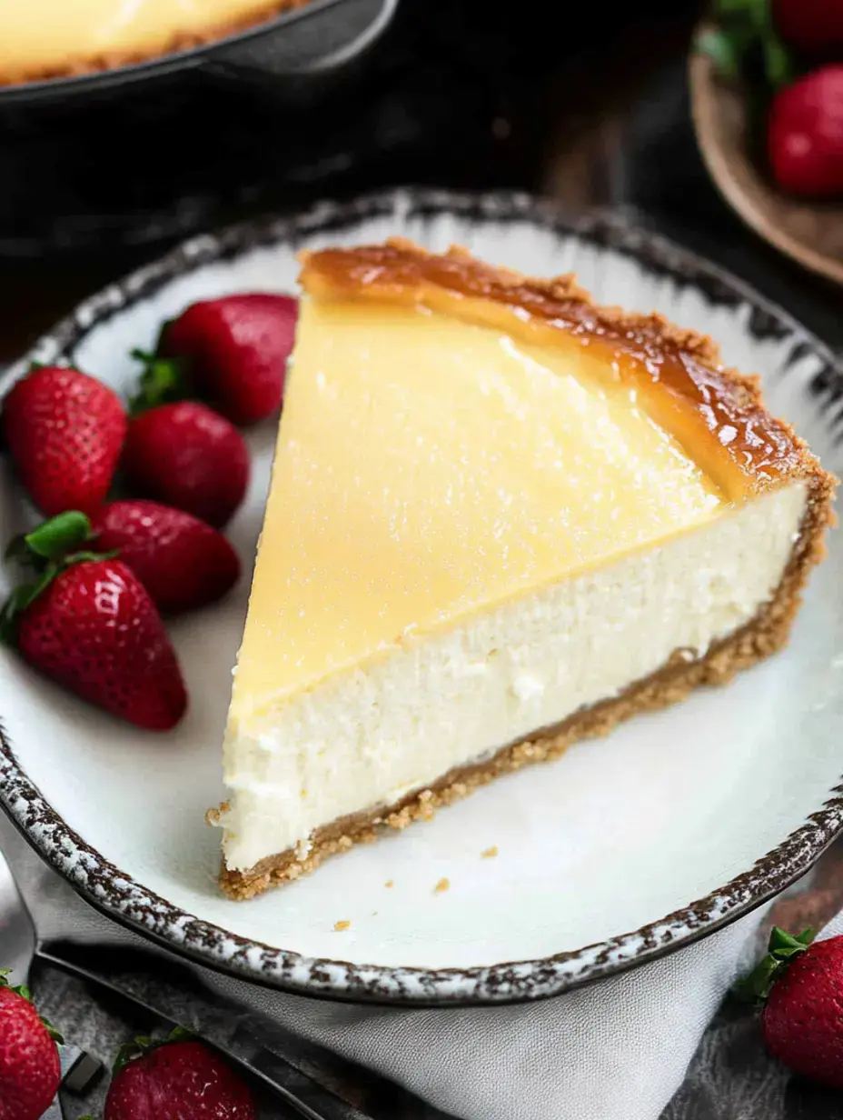 Ein Stück cremiger Käsekuchen mit goldener Oberfläche auf einem Teller mit frischen Erdbeeren.