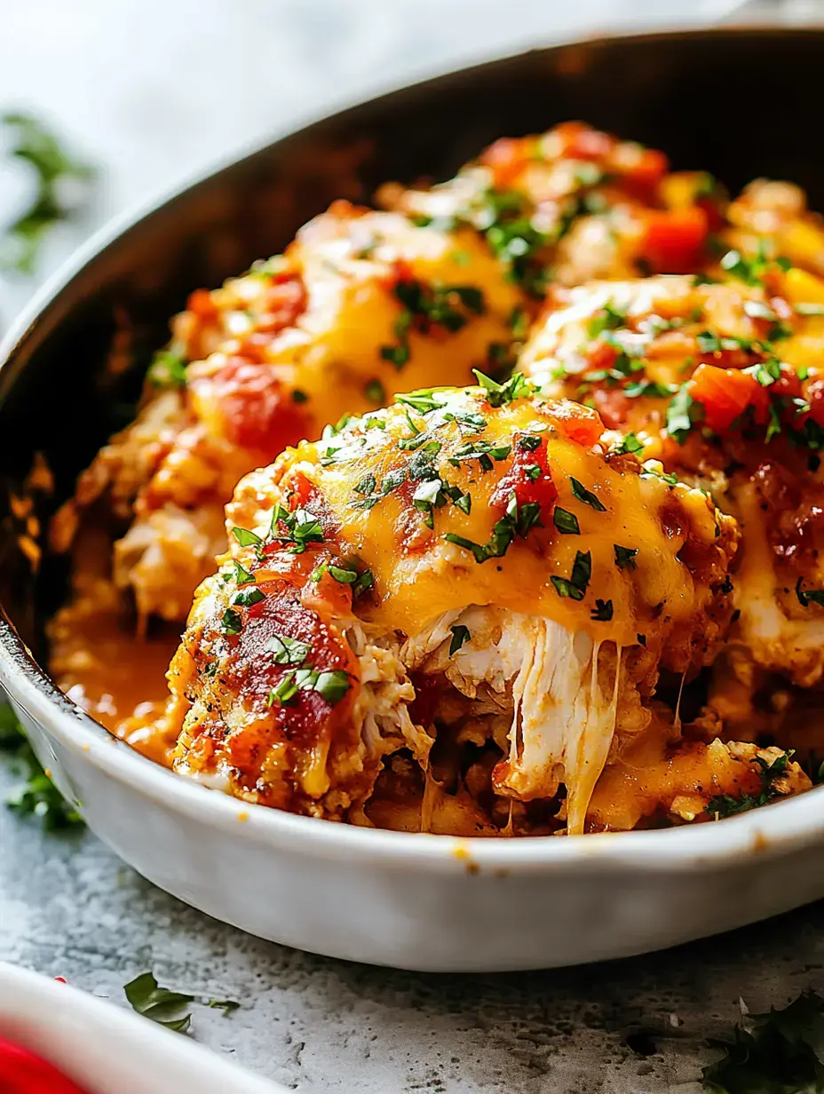 Nahaufnahme von überbackenem Hähnchen mit Käse, Tomaten und Petersilie.