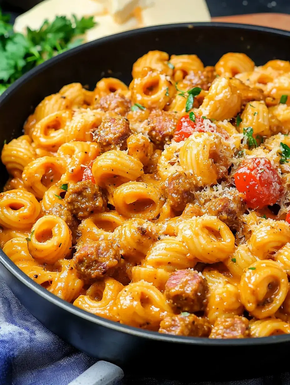 Schale mit cremiger Pasta, Wurst, Kirschtomaten und bestreut mit Käse und frischen Kräutern.