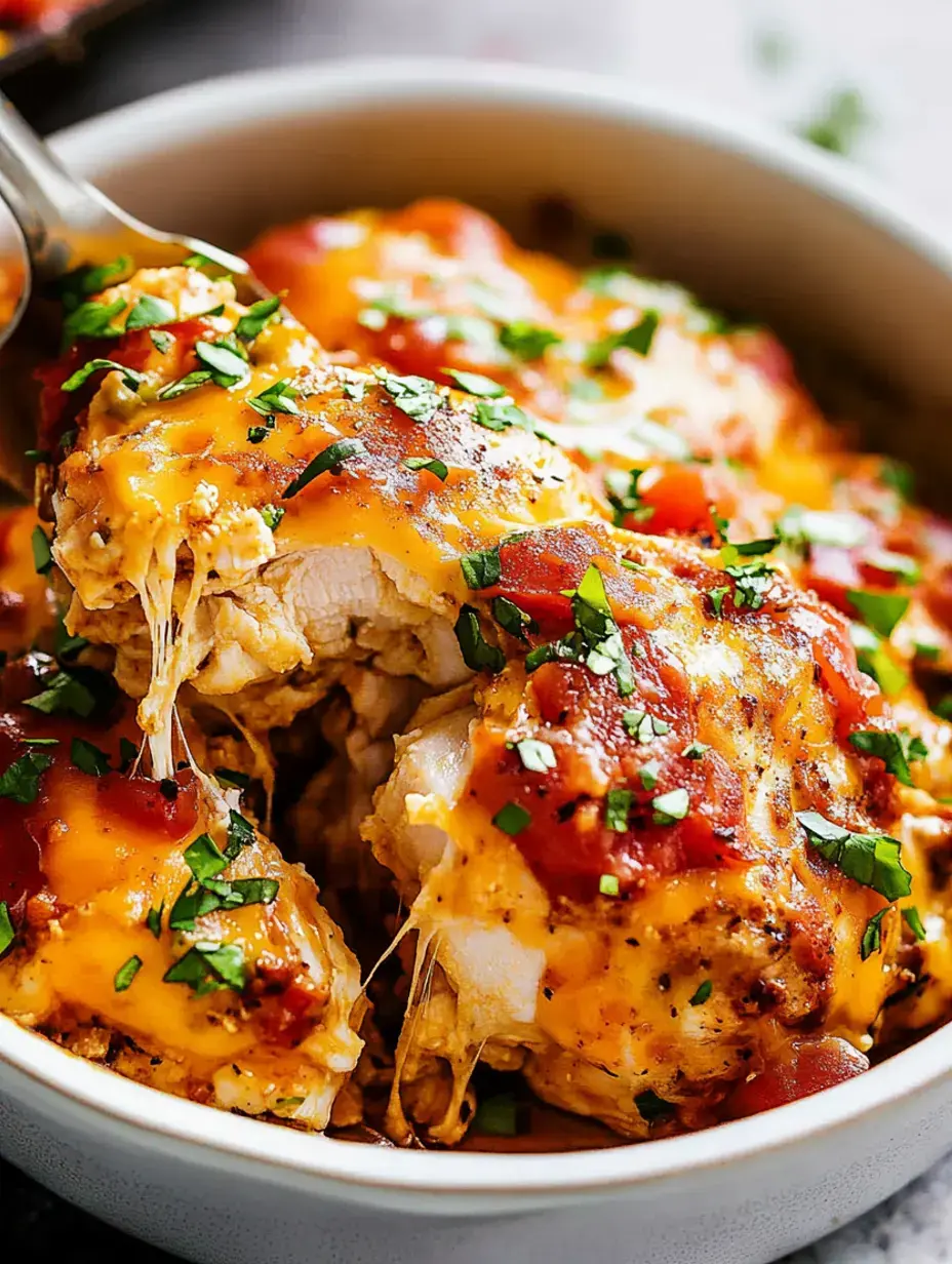 Nahaufnahme von Hähnchen mit geschmolzenem Käse, Salsa und frischen Kräutern in einer weißen Schüssel.