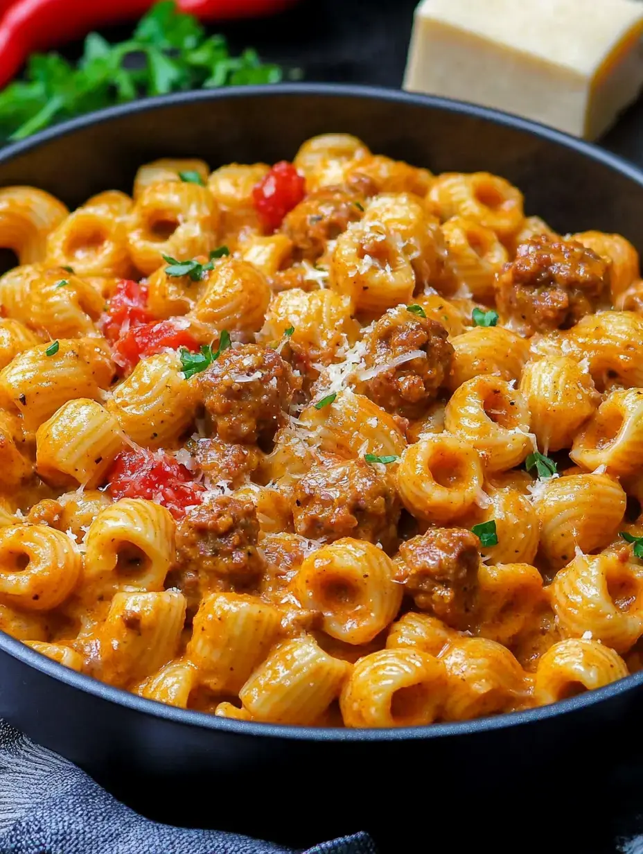 Herzhafte Schale mit Pasta, Fleischbällchen, Tomaten und cremiger Soße, dazu frische Kräuter und Parmesan.