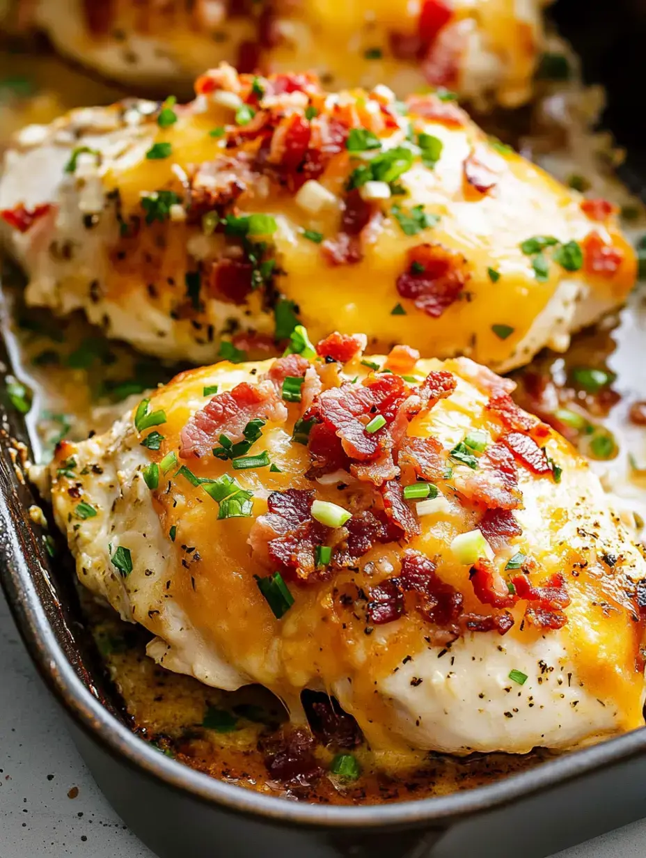 Überbackene Hähnchenbrust mit geschmolzenem Käse, knusprigem Bacon und gehackten Frühlingszwiebeln in einer Auflaufform.