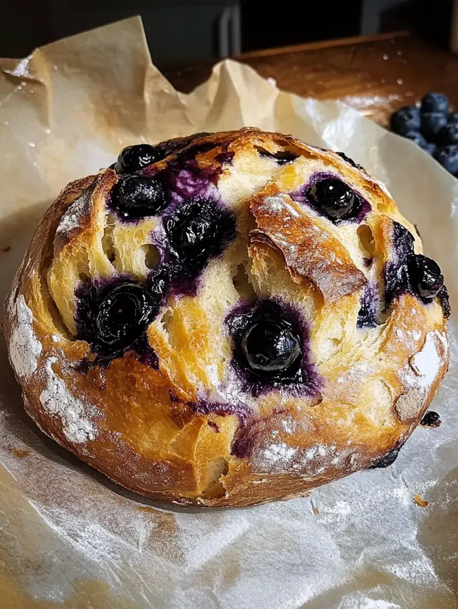 Ein frisch gebackenes Brot mit Blaubeeren liegt auf Backpapier, leicht mit Mehl bestäubt.