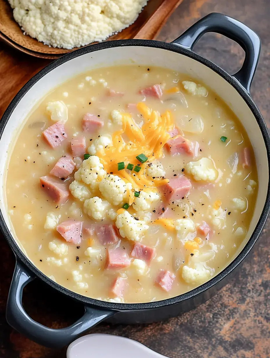 Eine cremige Suppe mit Blumenkohl, gewürfeltem Schinken und geriebenem Cheddar wird in einem schwarzen Topf serviert, dazu steht eine Schale fluffiger Couscous.