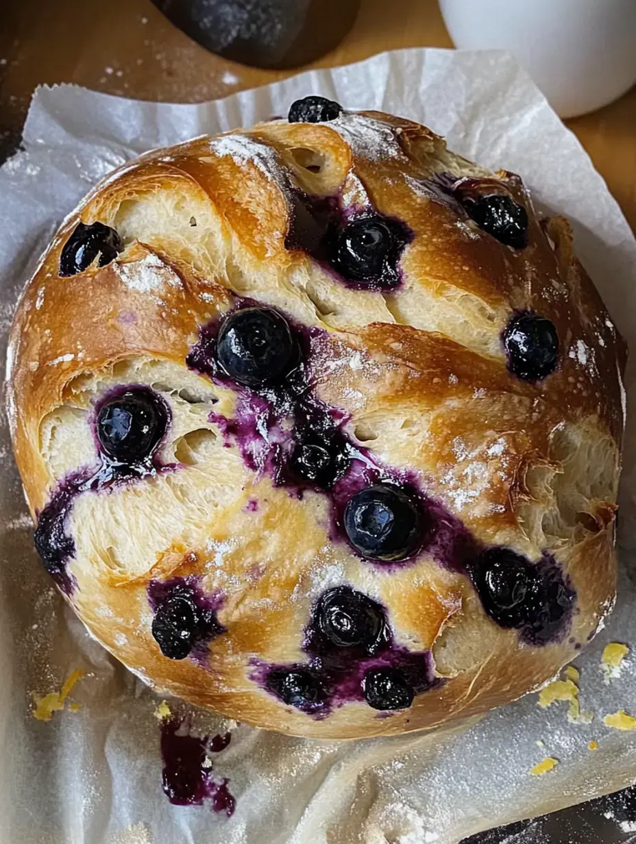 Ein glänzender Blaubeer-Laib mit Mehl auf Backpapier, die Beeren glitzern in der Kruste.