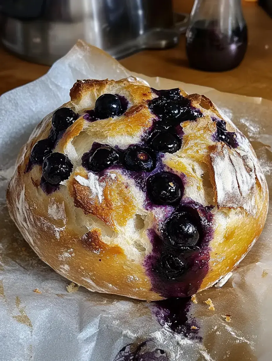 Ein aufgeschnittenes Brot mit Blaubeeren und violettem Saft liegt auf Backpapier.
