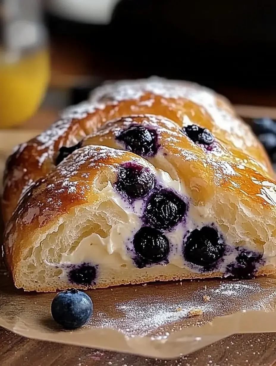 Ein angeschnittenes, flockiges Blaubeer-Gebäck mit Cremefüllung und frischen Blaubeeren daneben.