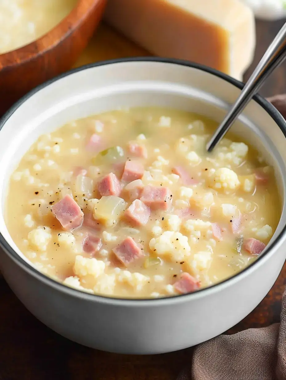 Eine Schale mit cremiger Suppe, gefüllt mit Schinkenwürfeln, Blumenkohl und Gewürzen. Im Hintergrund eine Holzschale und ein Stück Käse.