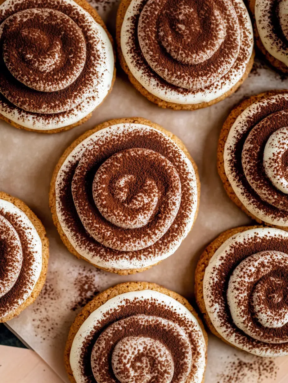Nahaufnahme: Mehrere Kekse mit weißer Creme und Kakaopulver darüber.