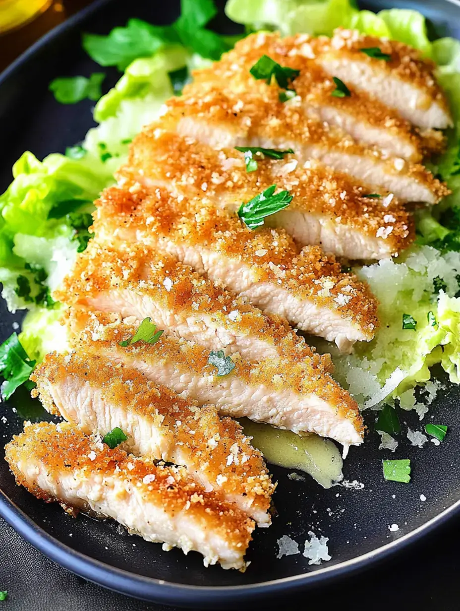 Ein Teller mit in Streifen geschnittener, paniert-knuspriger Hähnchenbrust, etwas frischen Kräutern darauf und Salat als Unterlage.