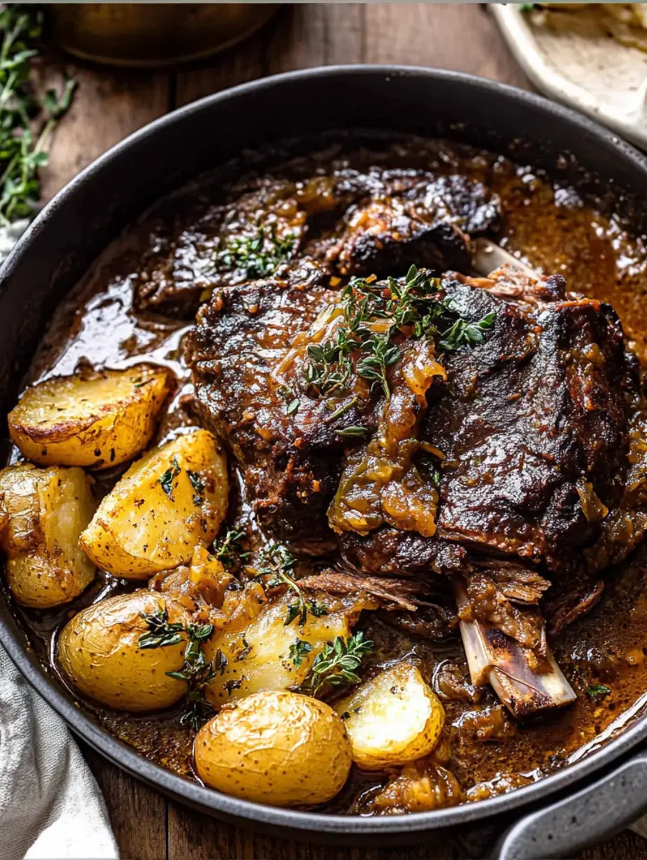 Zarter Rinderschmorbraten mit krossen Kartoffeln und Kräutern in kräftiger Soße – einfach nur lecker.