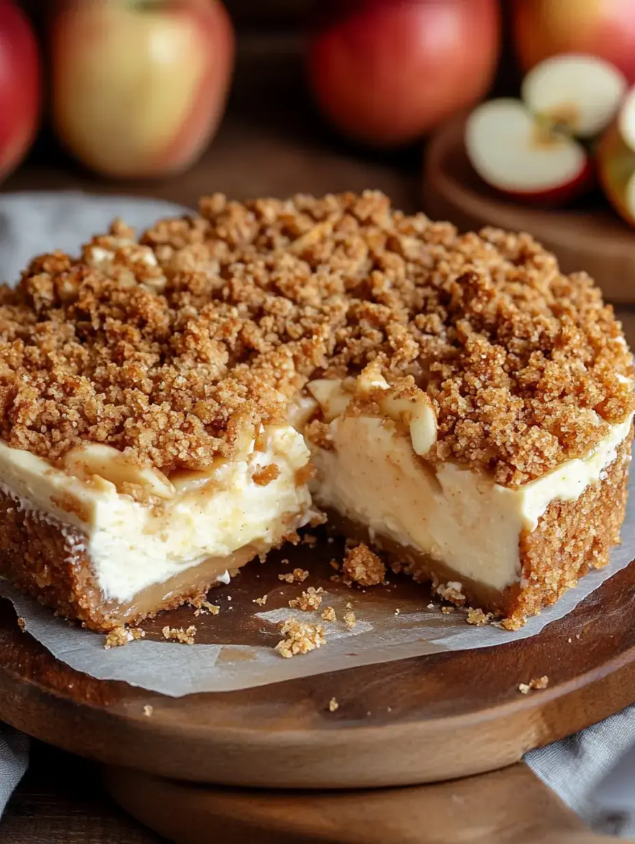 Ein Stück cremiger Apfelnachtisch mit knusprigem Streusel steht auf Holz, drumherum frische Äpfel.