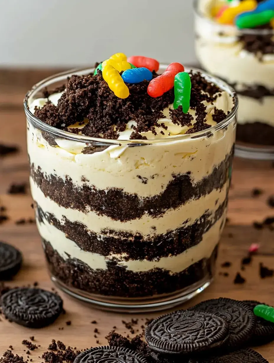 Ein Dessert im Glas mit Schichten aus Creme und Oreo-Keksen, dekoriert mit Gummiwürmern und ein paar extra Oreos daneben auf Holz.