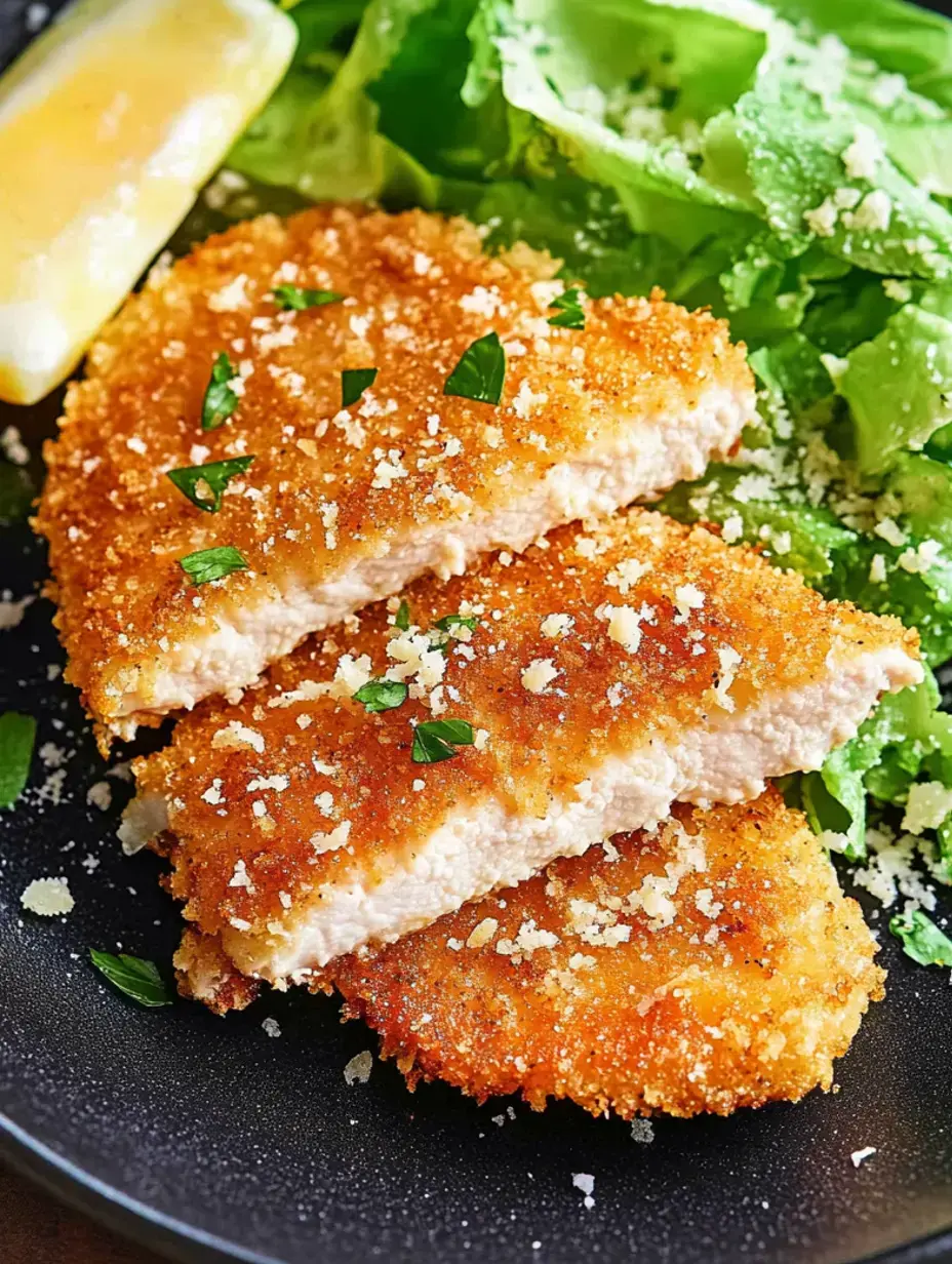 Nahaufnahme von panierten, gebratenen Hähnchenfilets mit Petersilie, auf einem Teller mit Zitronenschnitz und etwas frischem Salat.
