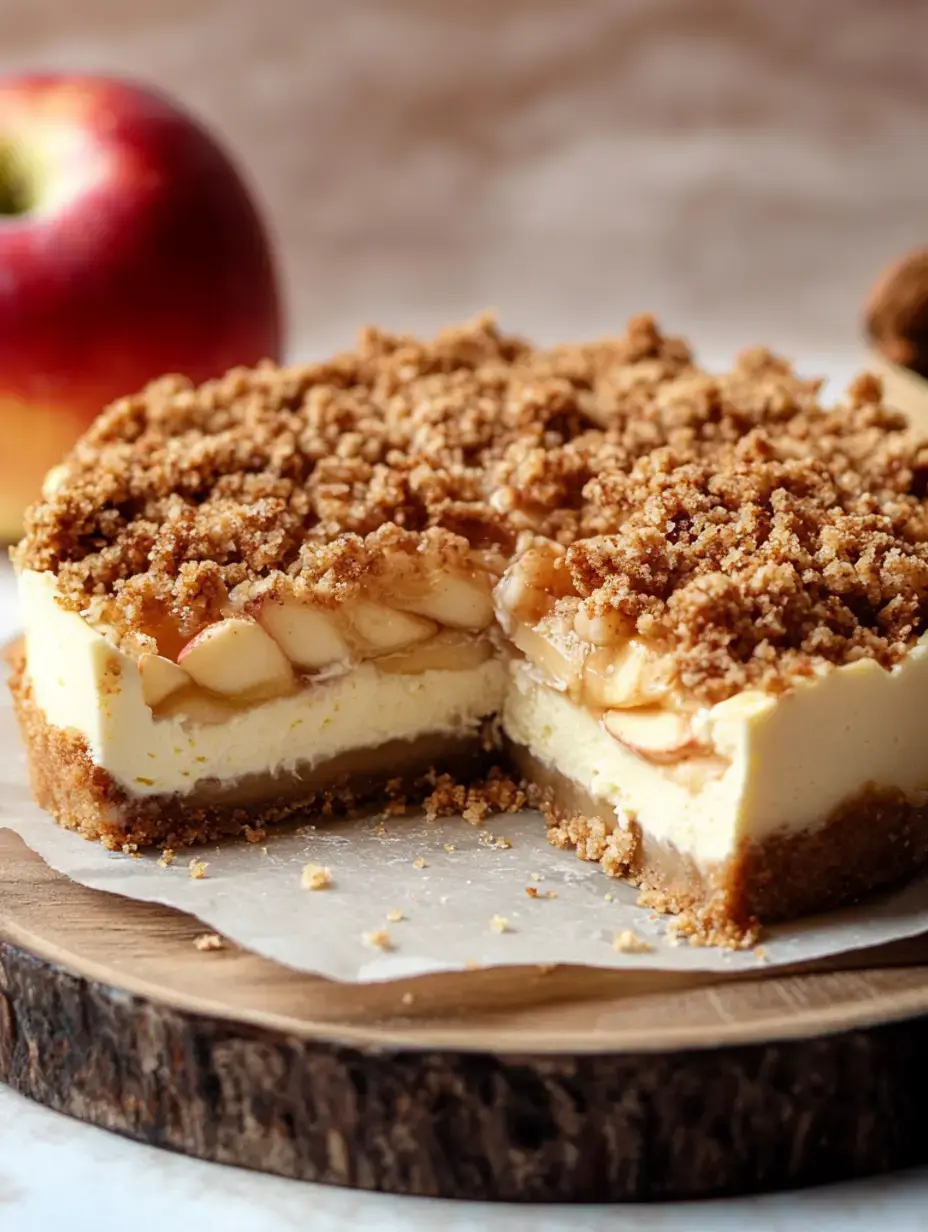 Ein Stück Apfel-Käsekuchen mit Streusel liegt auf einem Brett, daneben ein ganzer Apfel.