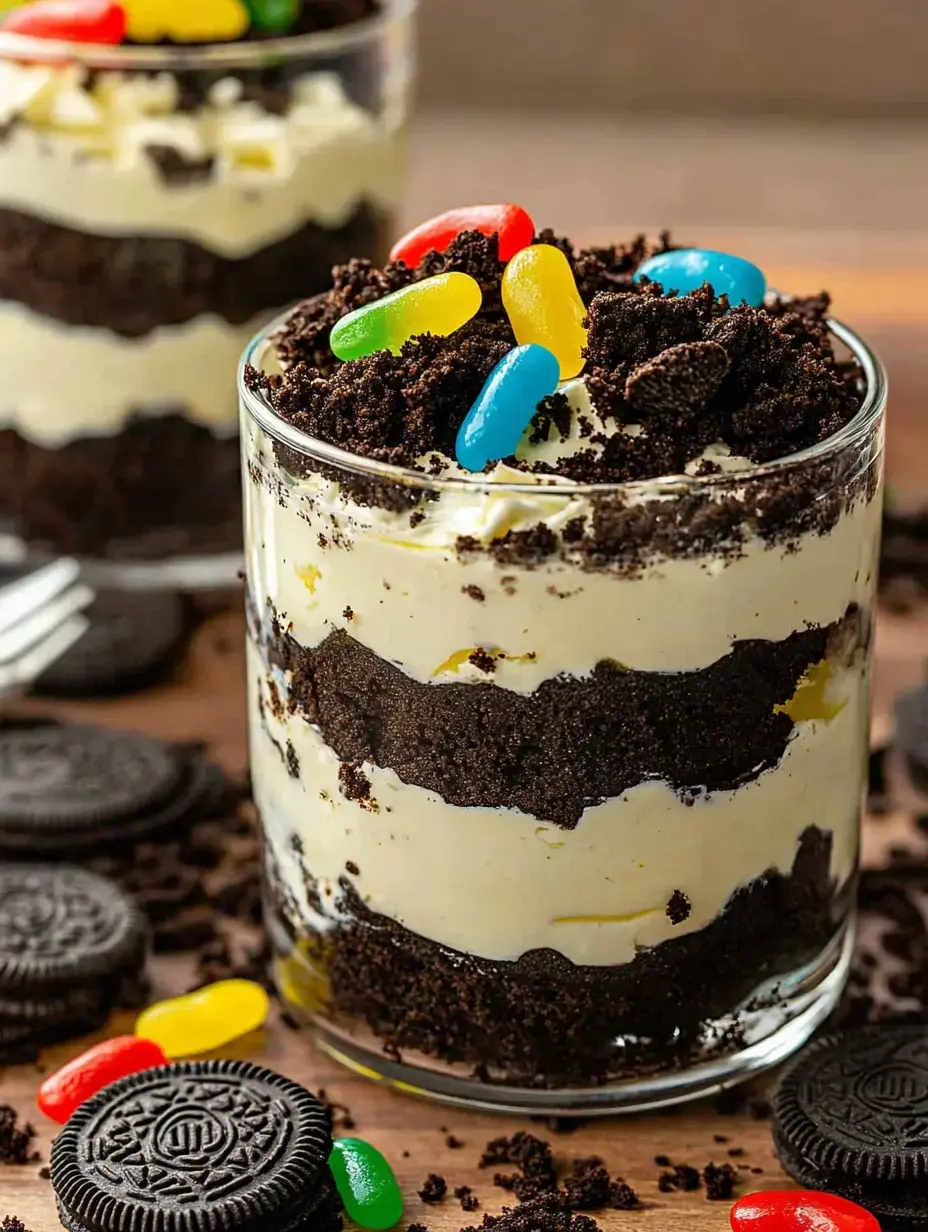 Ein Dessertglas aus der Nähe mit cremigen und krümeligen Schichten, bunte Gummibärchen und Oreos daneben auf einem Holztisch.