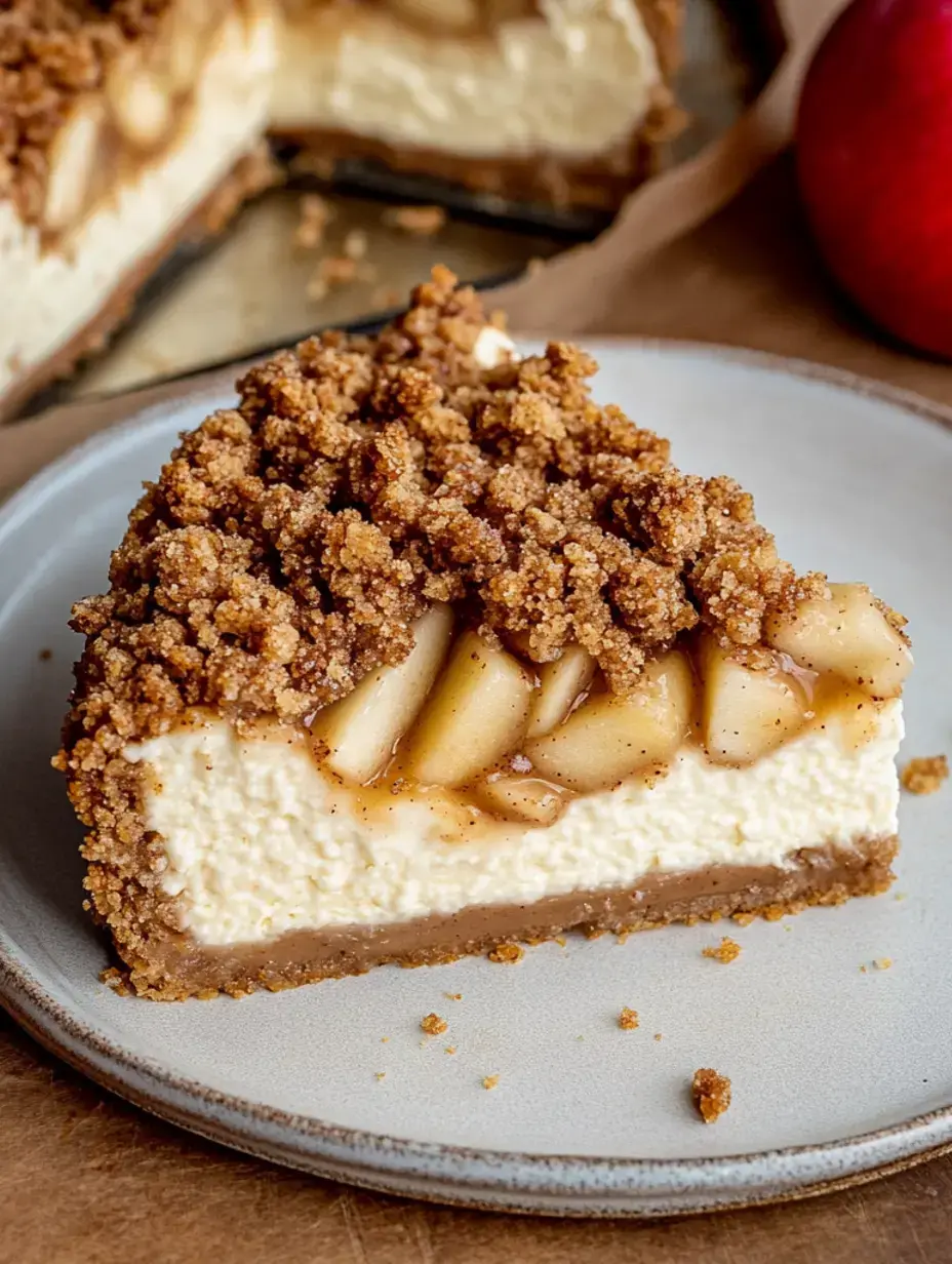 Ein Stück Apfelkäsekuchen mit Streusel auf einem Teller, Sicht auf die cremigen Schichten und gewürzten Apfelstücke.