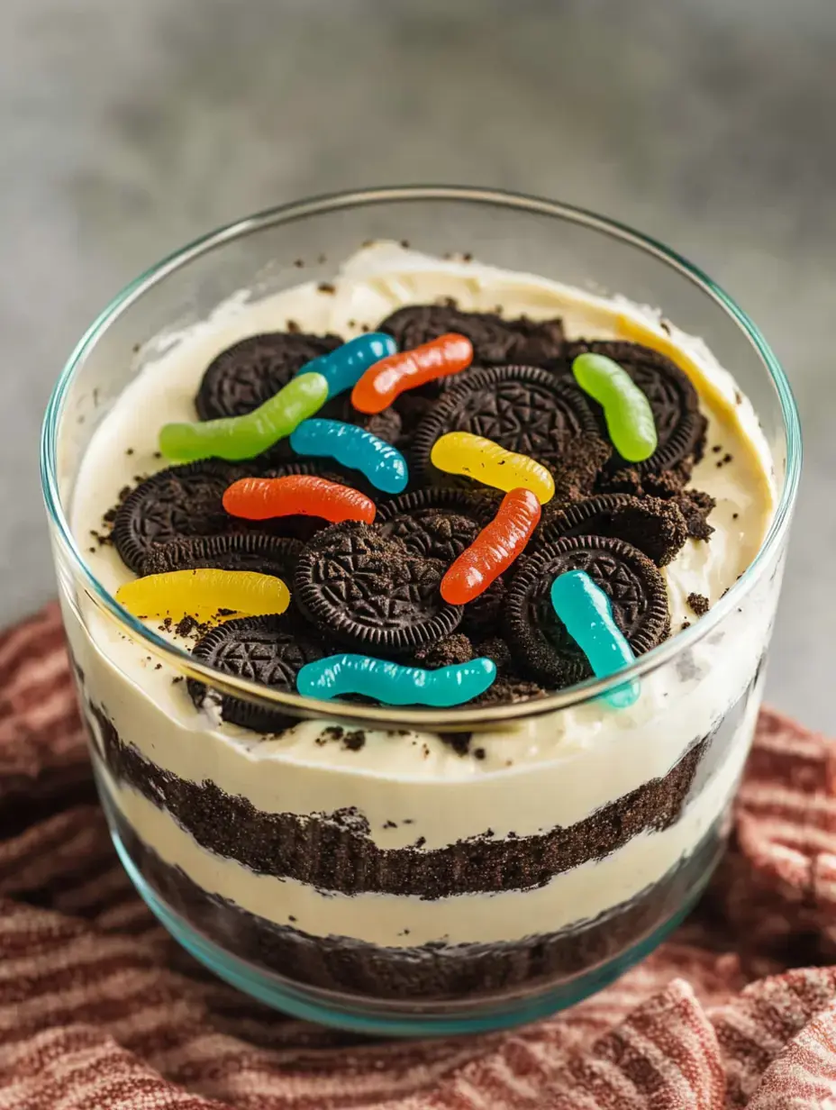 Ein Glasdessert mit Lagen aus Sahne, Oreo-Keksen und bunten Gummiwürmern oben drauf.