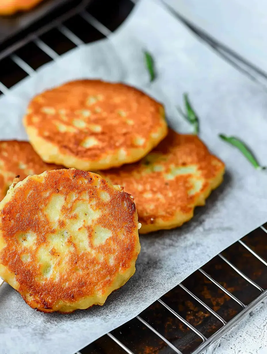 Nahaufnahme: knusprige Kartoffelpuffer auf Backpapier, auf einem Gitter abgekühlt, daneben frische Kräuter.