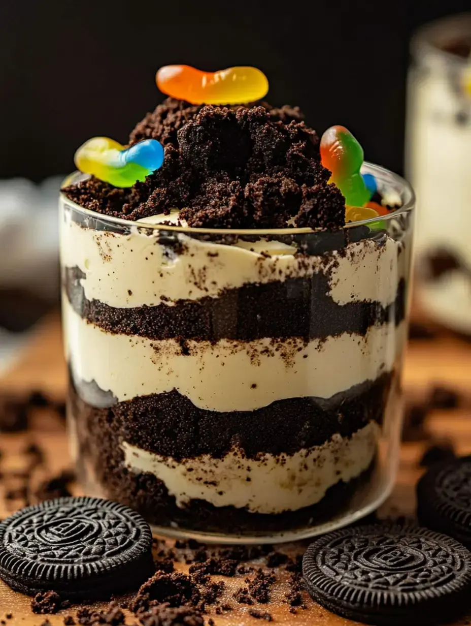 Ein durchsichtiges Glas mit Oreo-Keks-Schichten, cremiger Füllung und ‚Schoko-Erde‘ sowie Gummiwürmern on top.