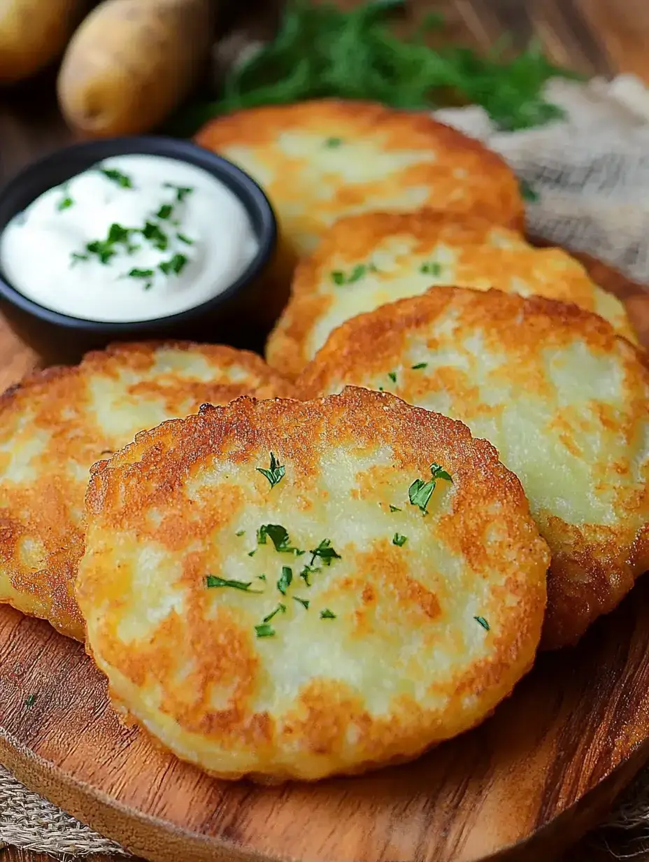 Goldbraune Kartoffelpuffer auf Holzbrett, mit Kräutern garniert und etwas Schmand in einer kleinen Schale.