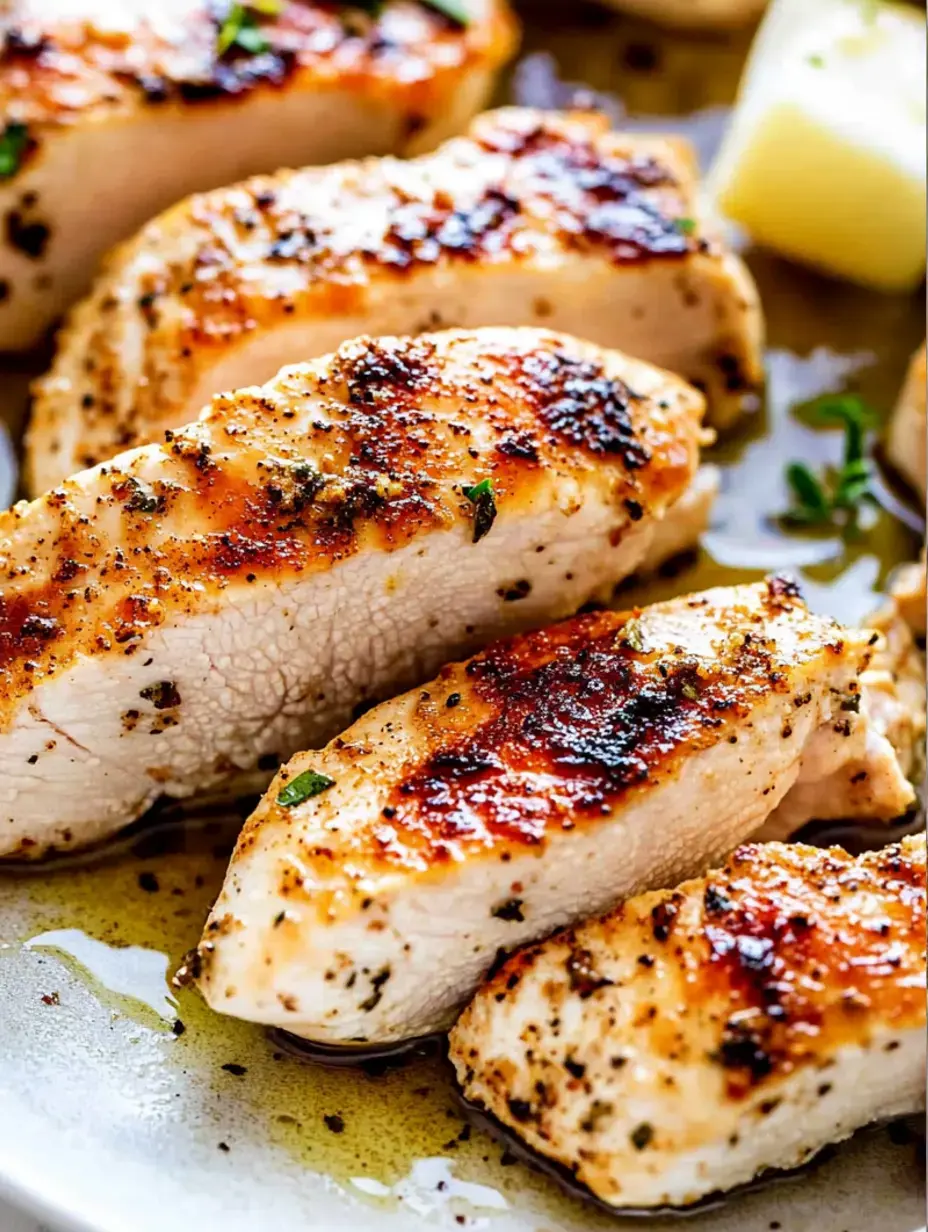 Nahaufnahme von gewürzten, gegrillten Hähnchenbrustfilets auf einem Teller, mit Kräutern und Öl verfeinert.