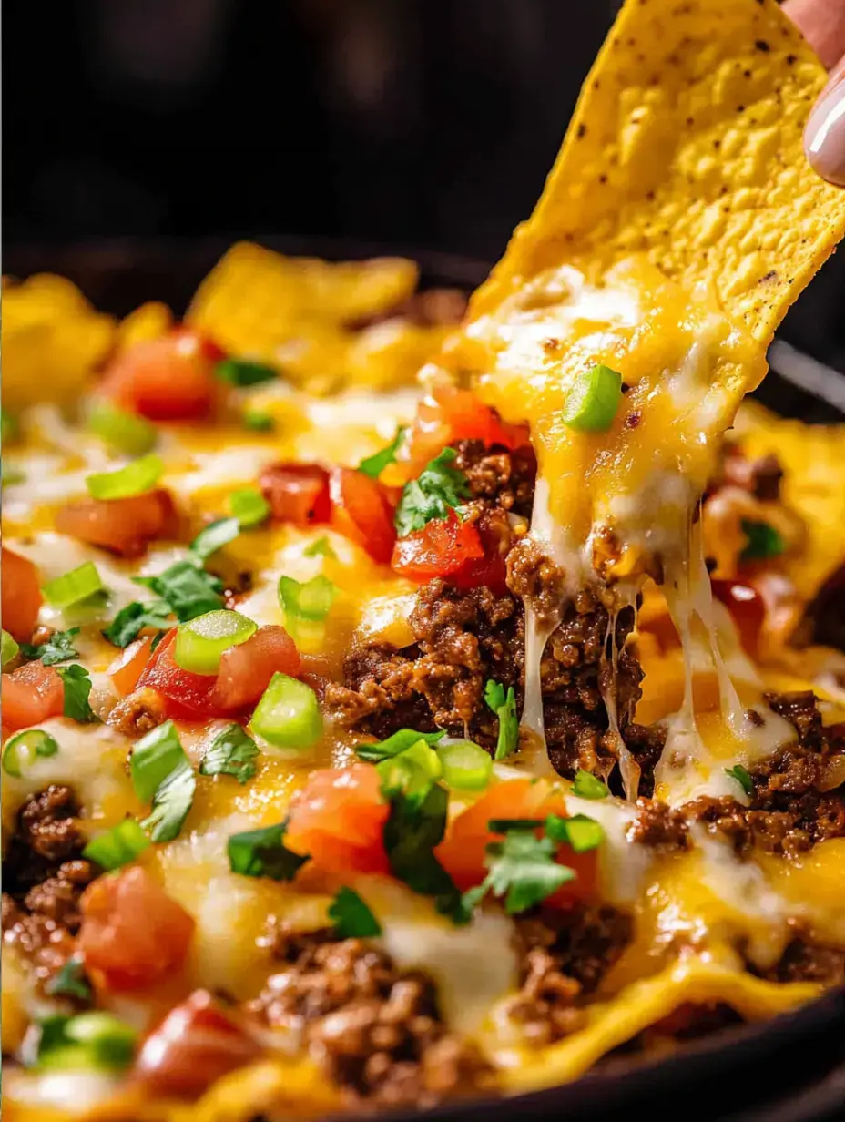 Nahaufnahme von käsigen Nachos mit Hackfleisch, frischen Tomaten, Frühlingszwiebeln und Koriander – von einer Hand aus der Schale genommen.