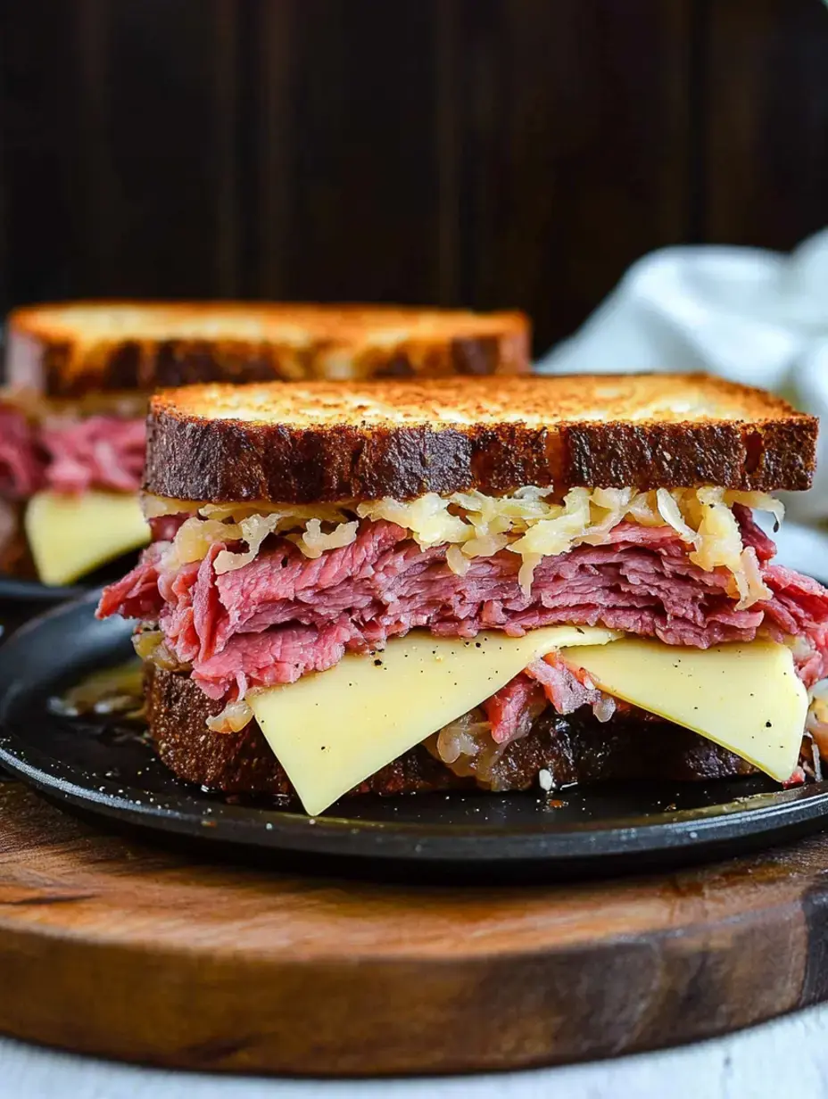 Ein saftiges Sandwich, dicht geschichtet mit Corned Beef, Sauerkraut und Käse, getoastetes Brot auf schwarzem Teller.