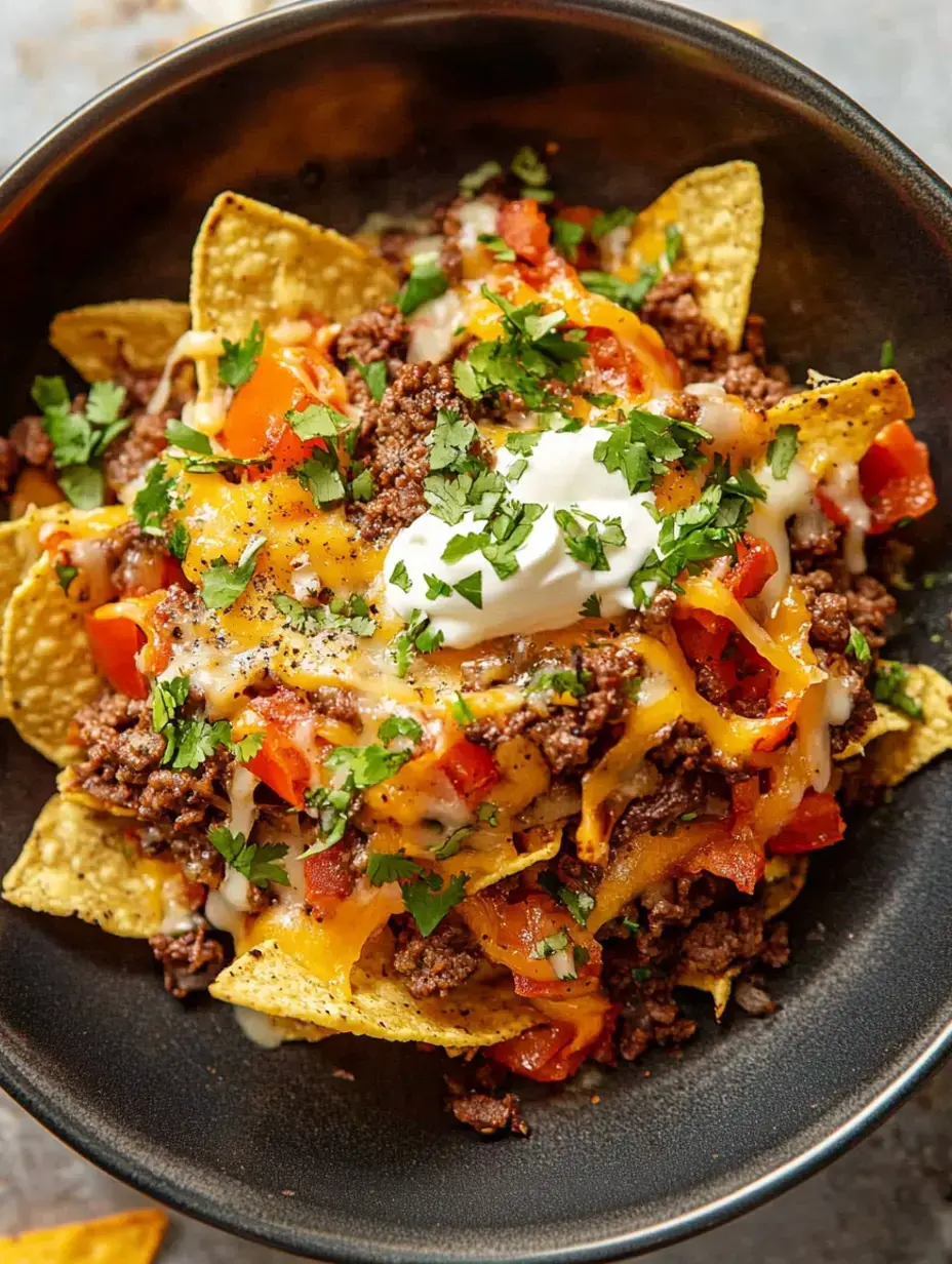 Schüssel mit Nachos, würzigem Hackfleisch, geschmolzenem Käse, Tomaten, Koriander und einem Klecks Schmand.