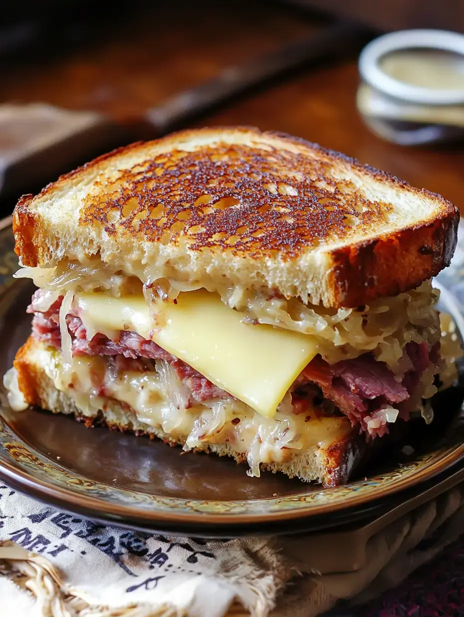 Ein gebratenes Sandwich mit Schichten aus Corned Beef, geschmolzenem Käse und Sauerkraut, serviert auf getoastetem Brot.