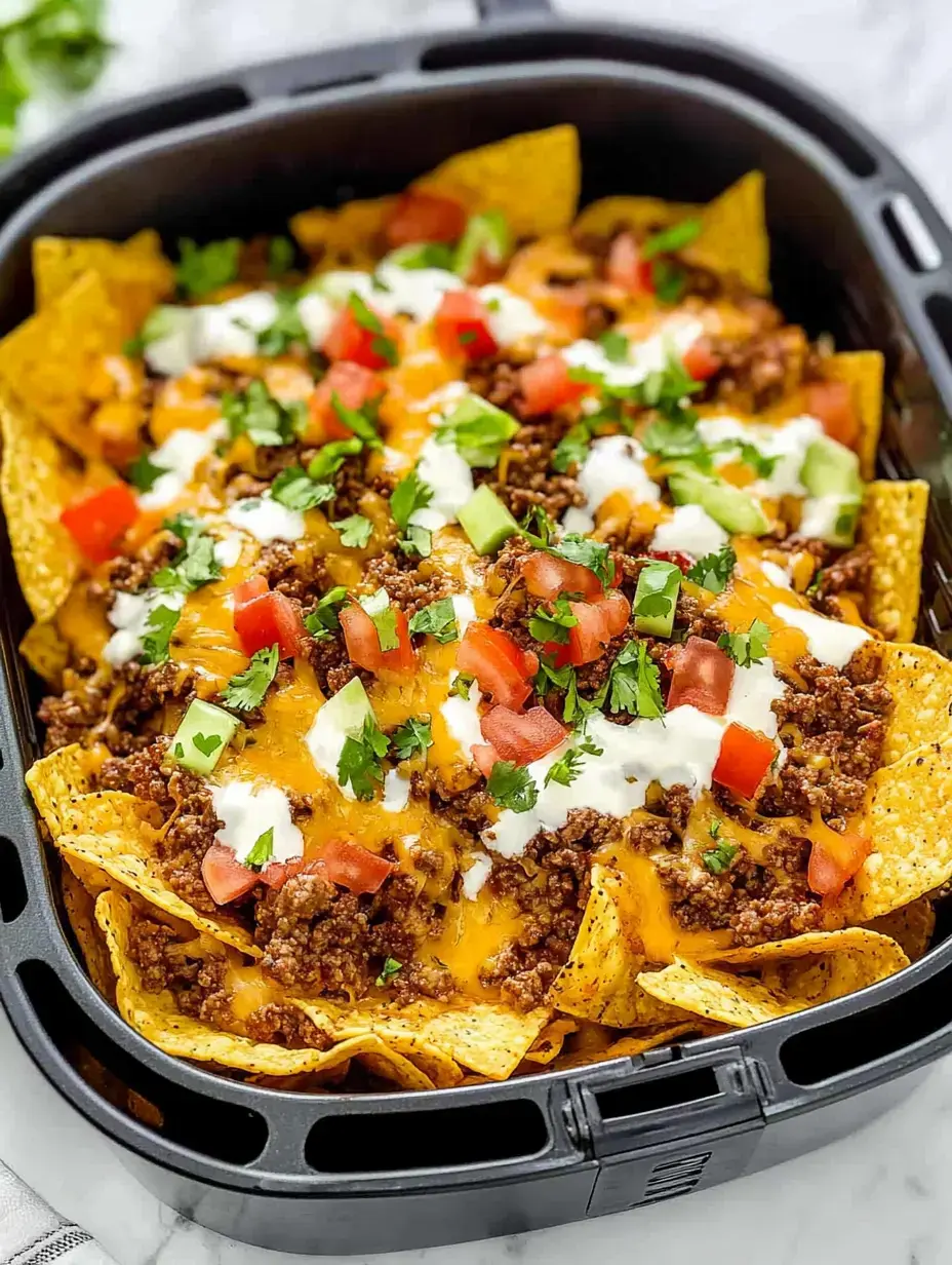 Nahaufnahme: Nachos mit Hackfleisch, geschmolzenem Käse, Tomaten, Koriander und Schmand in einer Schale.