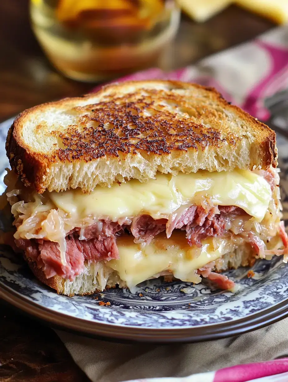 Ein knuspriges Sandwich mit Schichten aus Corned Beef, geschmolzenem Käse und Sauerkraut im getoasteten Brot auf dekorativem Teller.