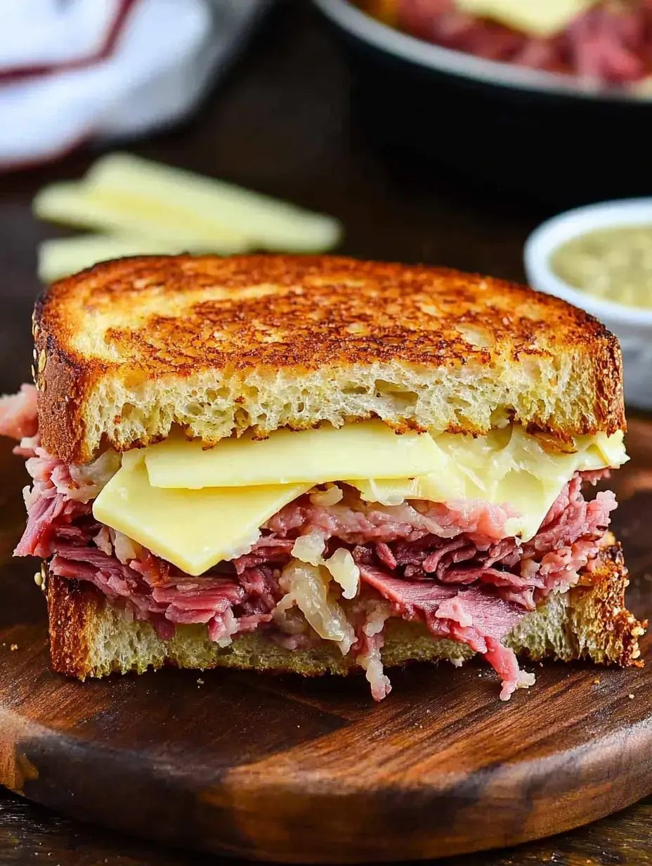 Ein getoastetes Sandwich mit Corned Beef und geschmolzenem Käse auf kräftigem Brot.