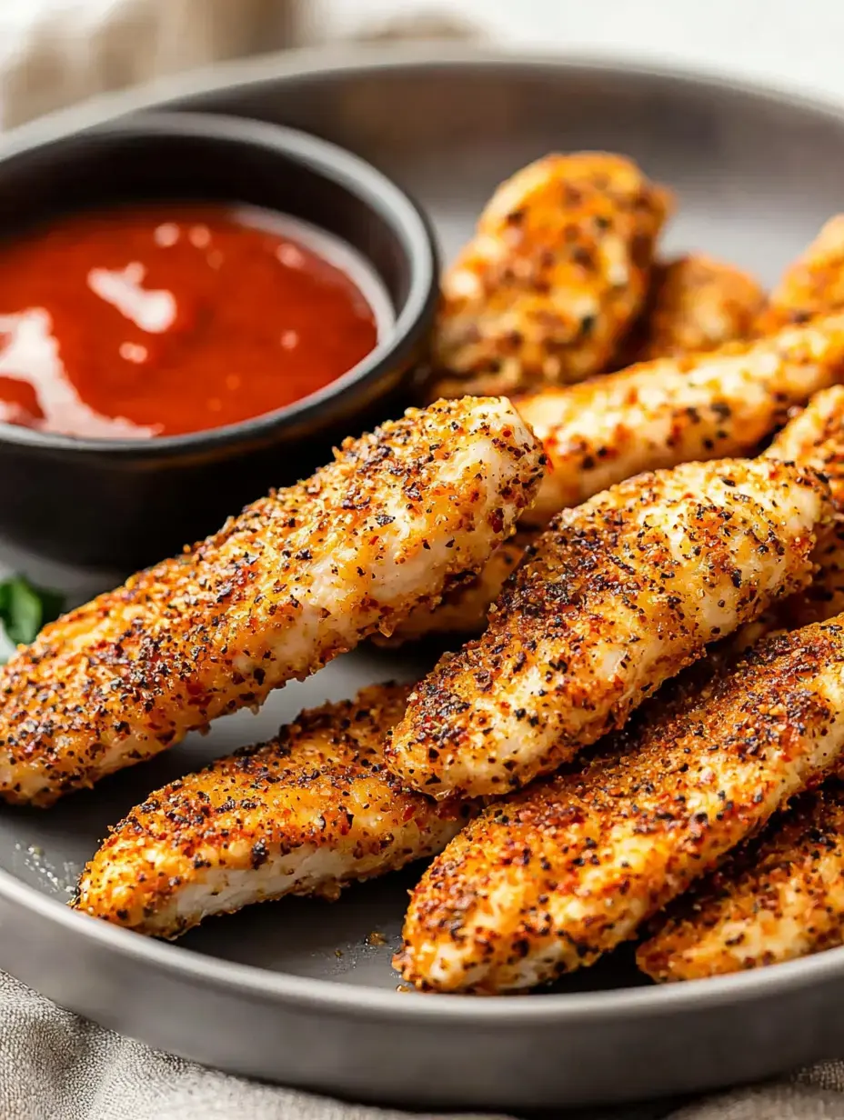 Ein Teller mit gewürzten, knusprigen Hähnchen-Innenfilets und einer kleinen Schale Dip.