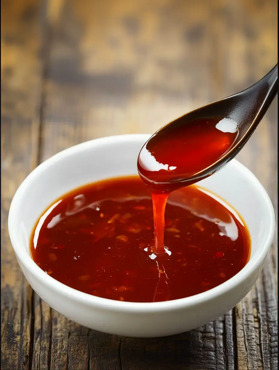 Ein Löffel lässt dicke, rote Sauce aus einer weißen Schale auf eine rustikale Holzplatte tropfen.