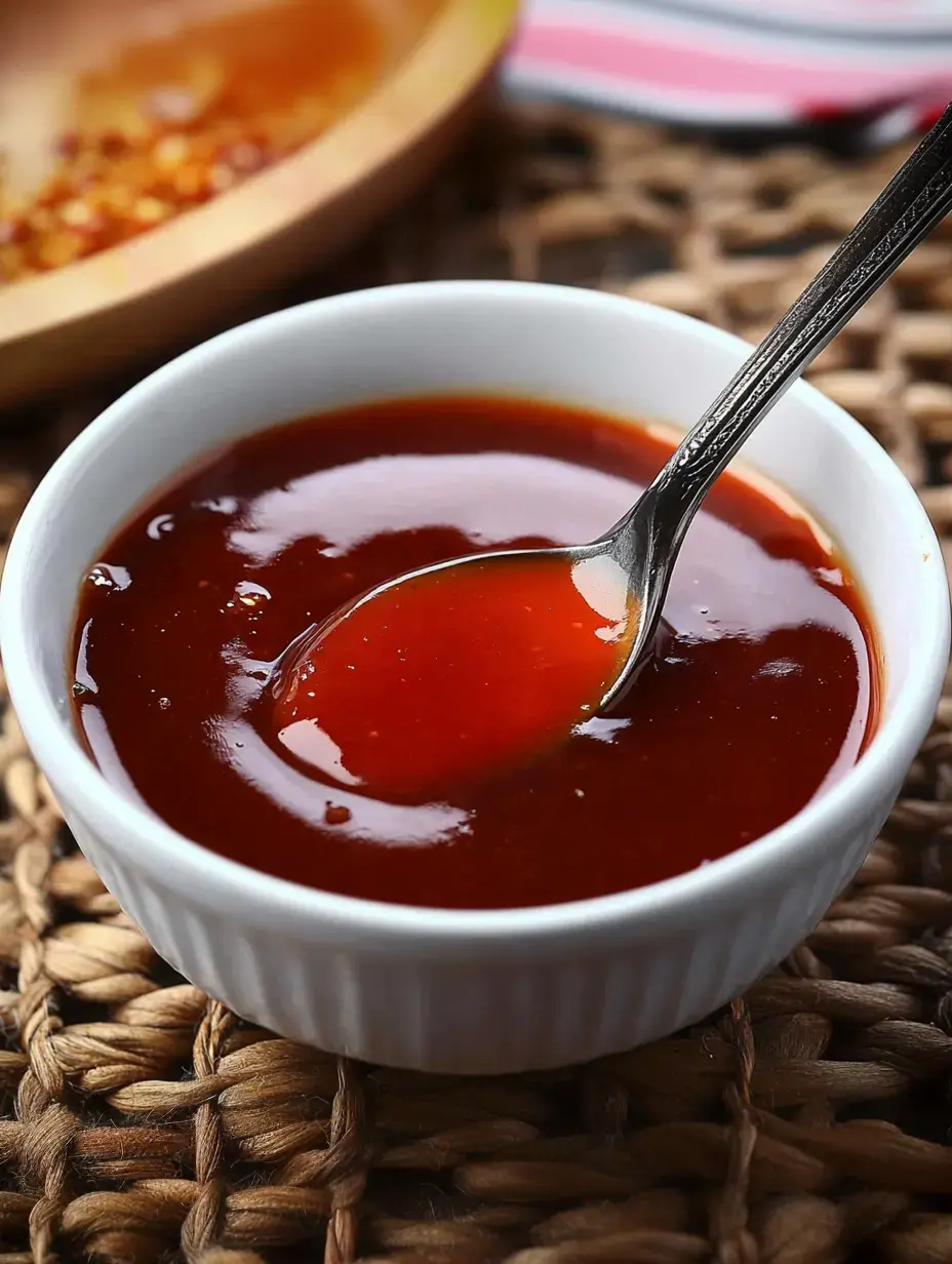 Eine kleine, weiße Schale voller glänzend roter Sauce mit einem Silberlöffel daneben auf einem geflochtenen Untergrund.