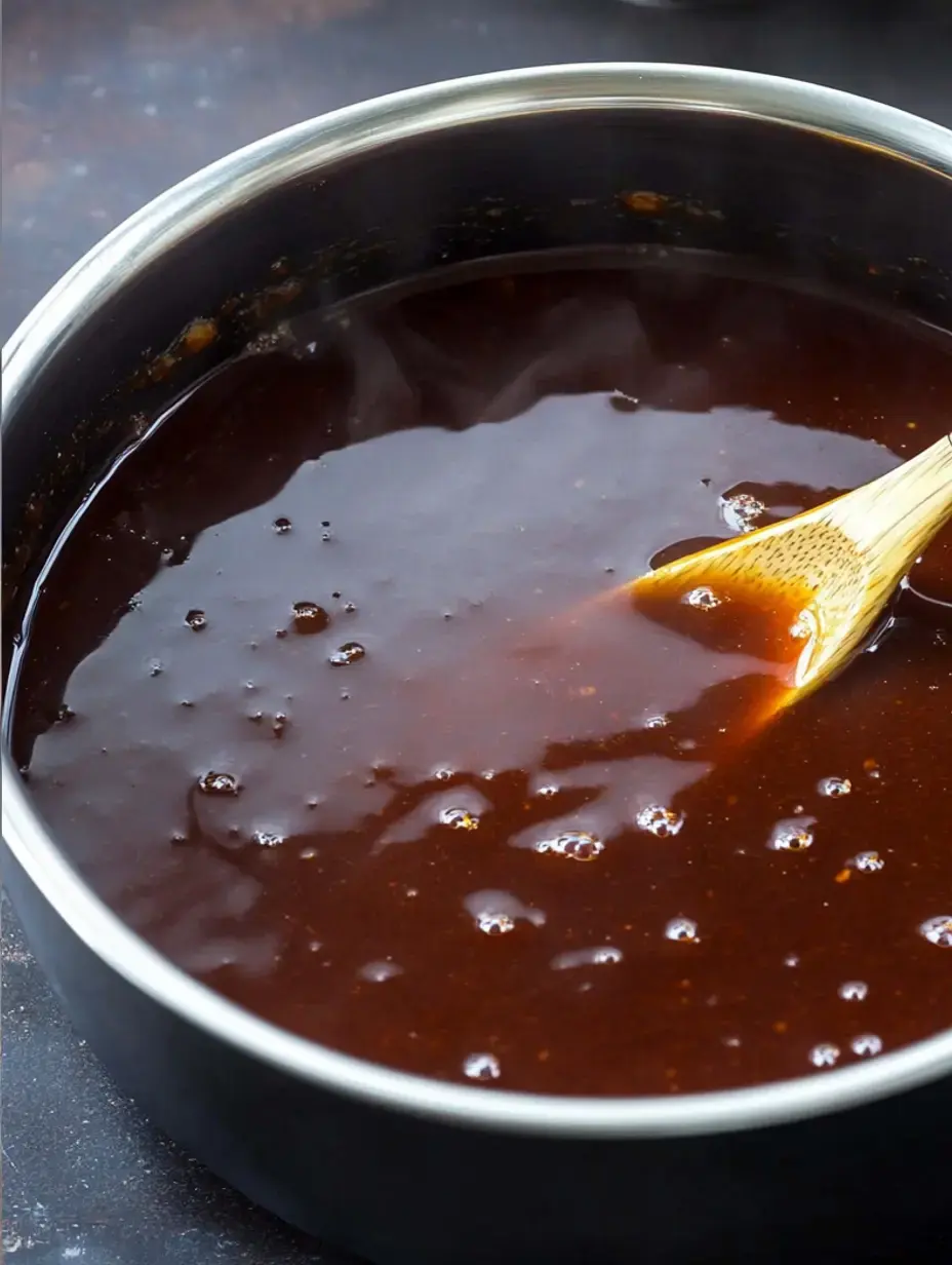 Nahaufnahme: Ein Topf mit dicker, blubbernder dunkler Sauce, ein Holzlöffel liegt drin.