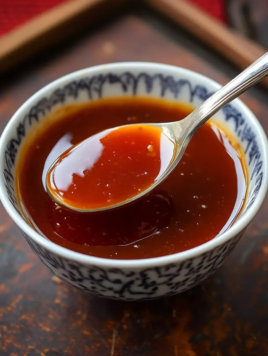 Ein Silberlöffel liegt in einer kleinen, gemusterten Schale, die mit glänzender brauner Sauce gefüllt ist.