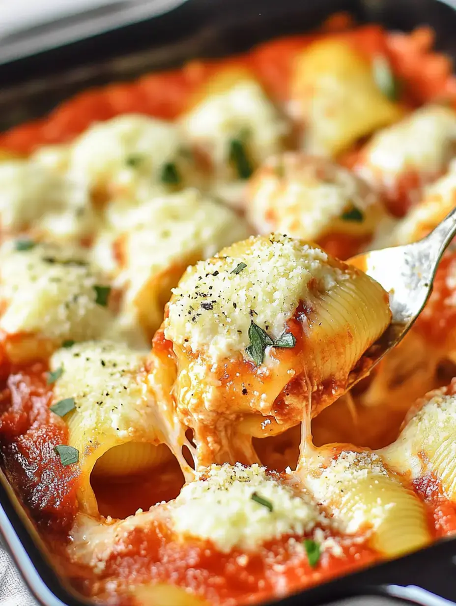 Eine Gabel nimmt eine überbackene, käsige Nudelschale mit Tomatensoße und Kräutern aus einer Form voller Pasta, Käse und Soße.