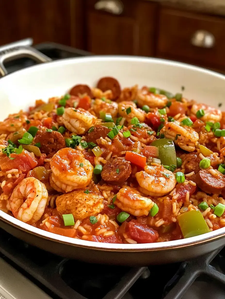 Ein bunter Mix aus Garnelen, Wurst, Reis und Gemüse in tomatiger Sauce – oben frische Frühlingszwiebeln, serviert in der Pfanne.