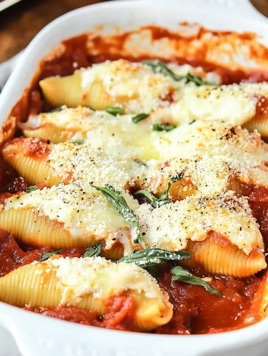 Nahaufnahme von gebackenen, mit Käse und Kräutern gefüllten Muschelnudeln, garniert mit Tomatensoße und geriebenem Käse.