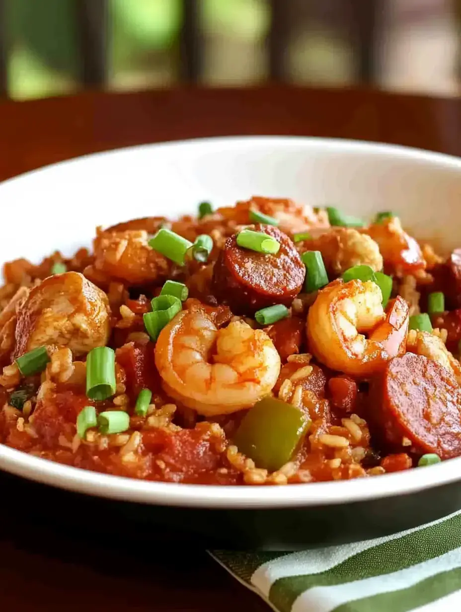 Eine Schüssel kunterbuntes Jambalaya mit Garnelen und Wurst, oben mit frischem Grün bestreut, steht auf Holz.