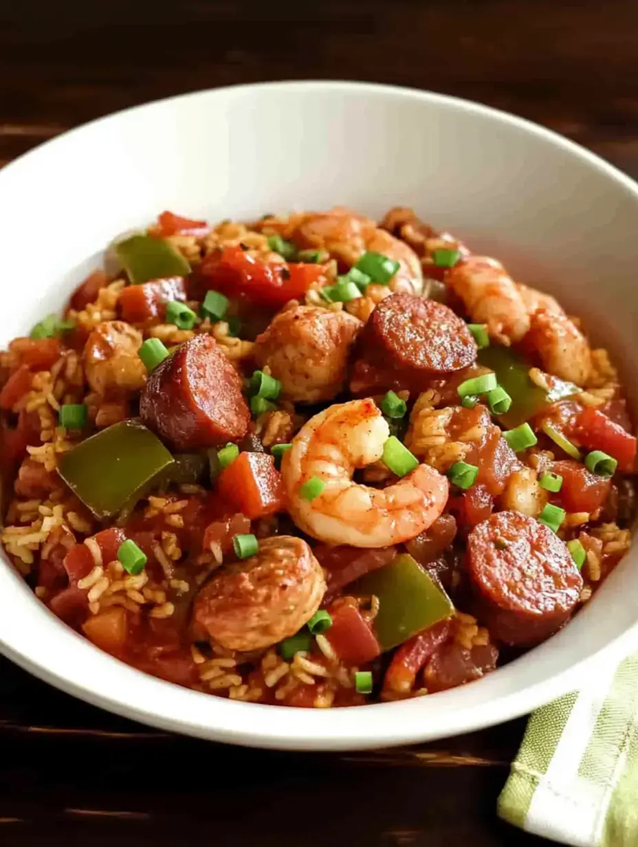 Eine Schale Reis mit Garnelen, Wurstscheiben, Paprika und Tomaten, getoppt mit grünen Frühlingszwiebeln.