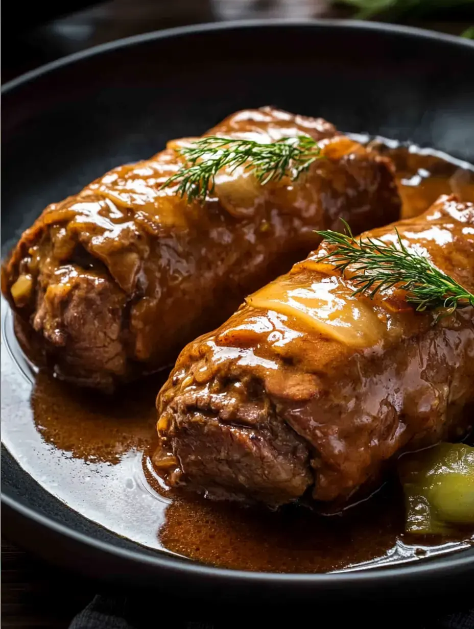 Zwei herzhafte Fleischrollen in dunkler Soße, mit Dill auf schwarzem Teller angerichtet.