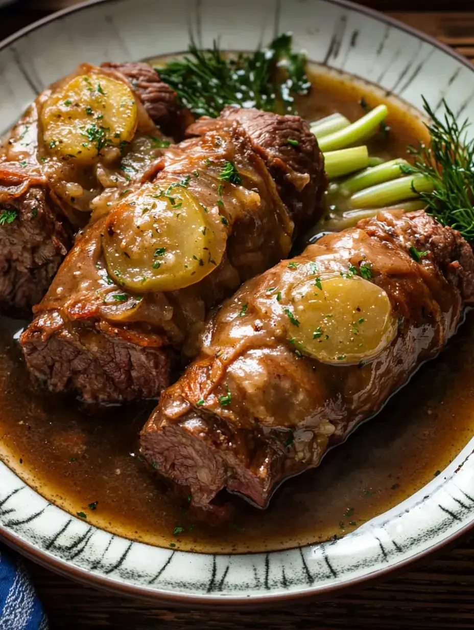 Nahaufnahme von drei Rindfleischrollen mit Zitronenscheiben und frischen Kräutern in kräftiger Soße auf einem bunten Servierteller.