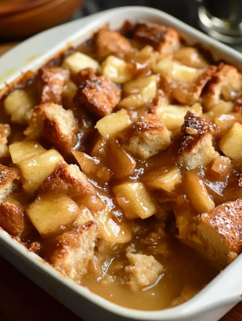 Nahaufnahme eines warmen Apfel-Brotauflaufs mit Stücken von Apfel und glänzender Karamellsauce.