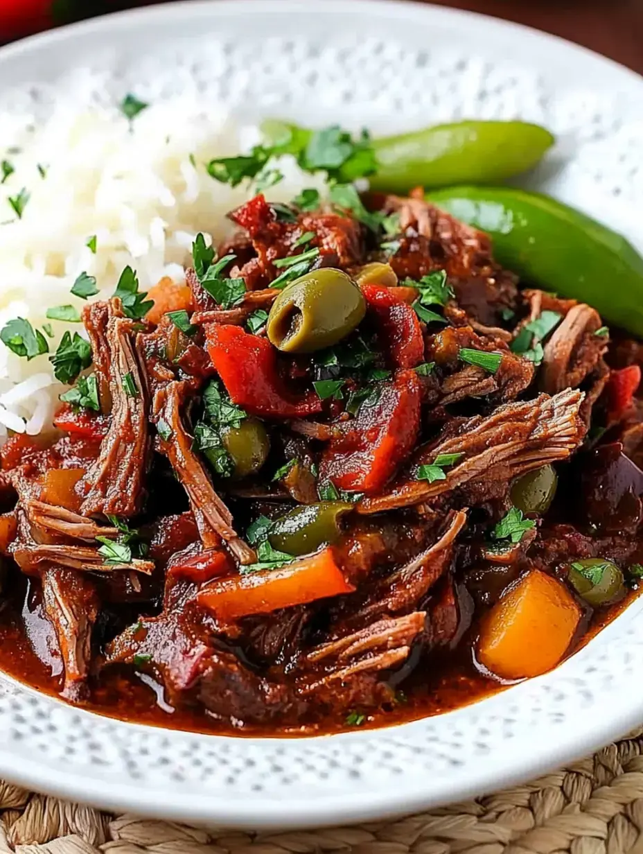 Ein Teller saftiges, zerzupftes Rindfleisch in Tomatensauce, mit grünen Oliven und Kräutern, dazu lockerer Reis und grüne Paprika.